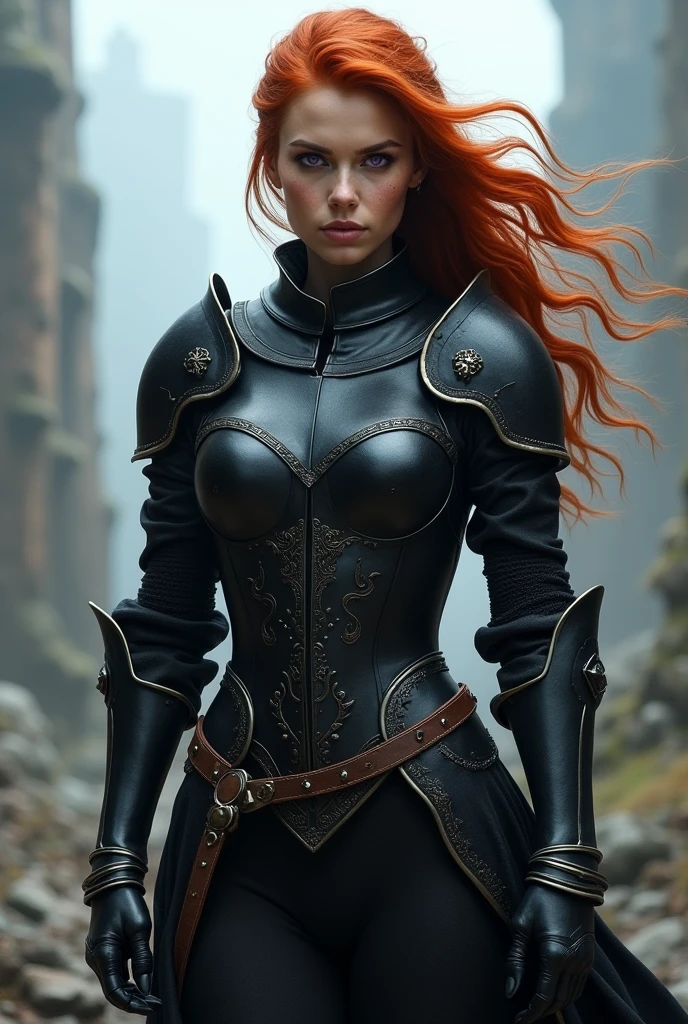 A medieval woman in black skin-colored armor with violet eyes and intense red hair