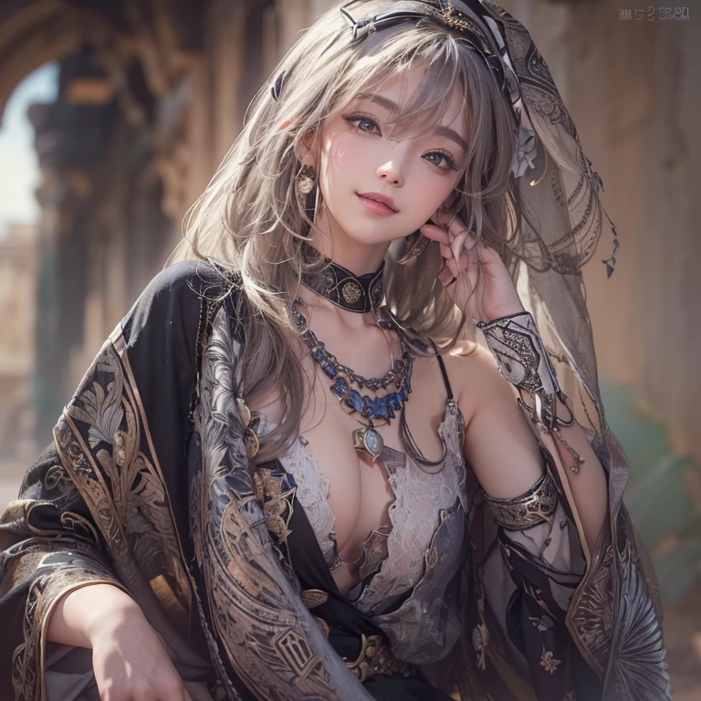 Hiding in the desert、Hair Flow、 ((Highest quality、masterpiece、8k、Best image quality、Ultra-high resolution、Award-winning works)、(Accurate anatomy:1.1)、(Look at me and smile:1.1)、Shining fair skin with Ultra-high resolution、The most detailed face、Ultra-high resolution detailed face、Ultra-high resolutionの髪の毛、(Ultra-high resolutionの煌めく瞳:1.1)、Beautiful face drawn in every detail、(Blurred Background:1.1)、Ancient Islamic clothing, Chest to chest, tattoo, Old ruins in the background、Black Authentic Dress Up Elegant Underarm