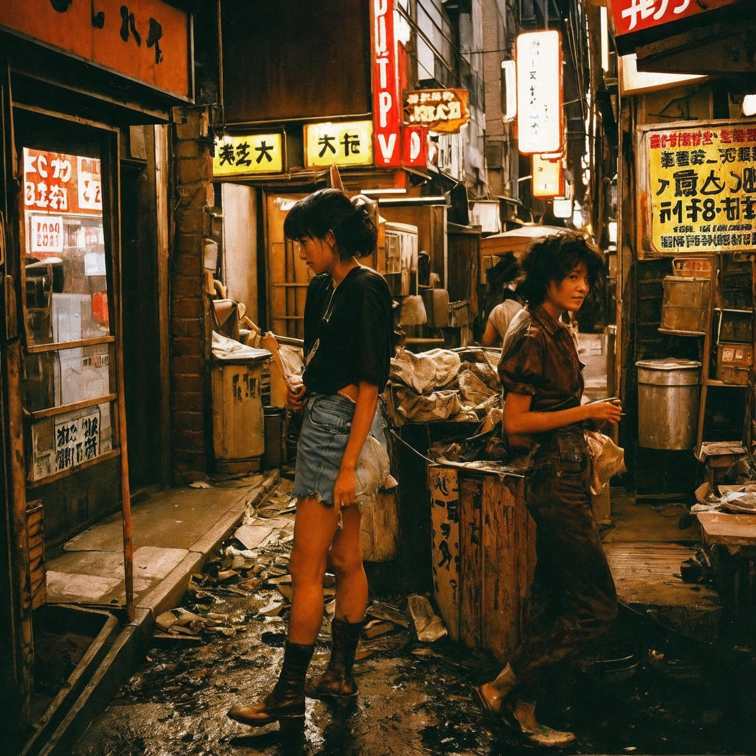 ((masterpiece、Highest quality))、Poor conditions、Japan 1980s, Dirty Standing Tavern、Old and dirty store, Unsanitary and dirty downtown Tokyo, Japan Streets, Cute girl working at the store、Poor workers、Rusted corrugated iron, Unhygienic restaurant, in the Tokyo cityscape, Kodachrome : : 8k yen, Vintage Photography, Printed matter from the 1970s