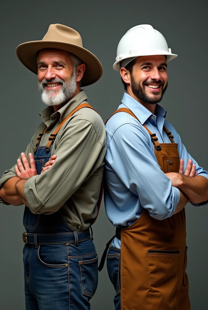 2 people smiling with arms crossed, a farmer with a hat and an industrial engineer with a white helmet and apron. Both in profile and from behind. both men. Whole body.