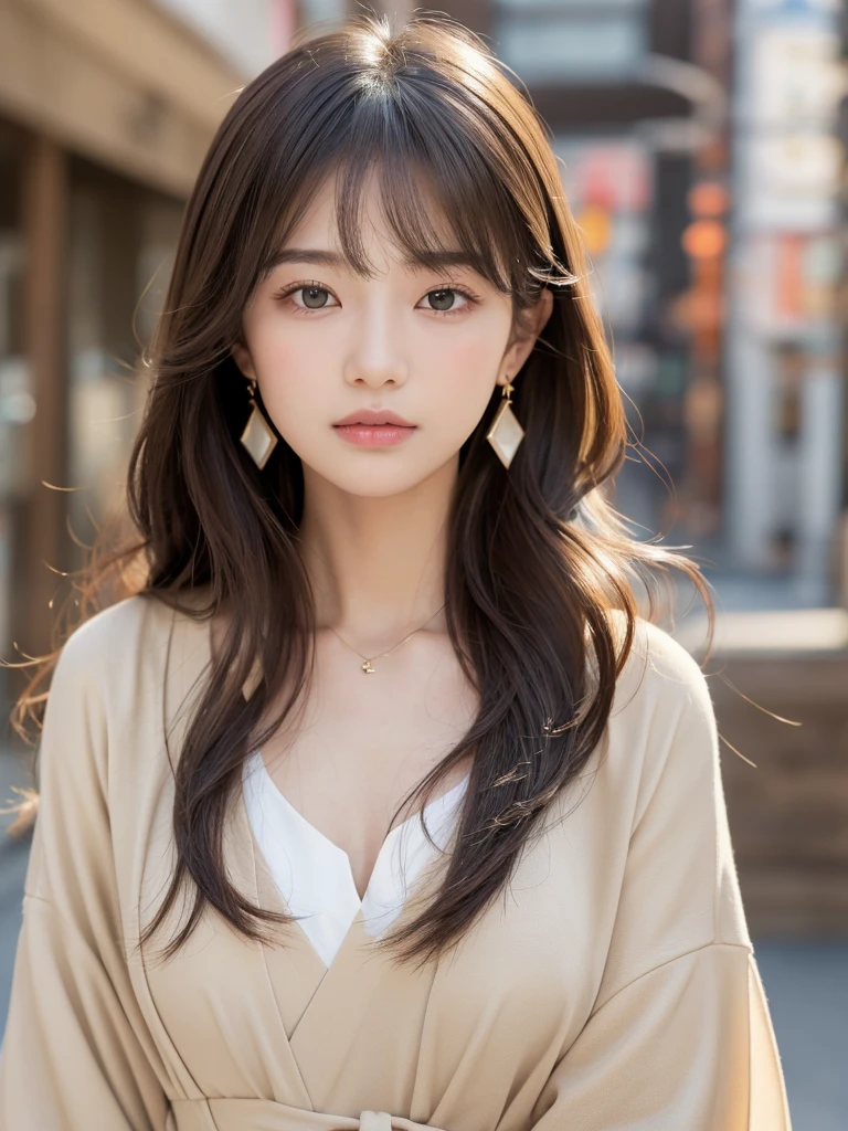 ((Highest quality, 8k, masterpiece:1.3)), concentrate: 1.2, Perfect body beauty: 1.4, Hips: 1.2, ((Long Hair, chest: 1.2)), (Dry clothes: 1.1) , (clear, Simple Background:1.3), Simple clothes: 1.1, Highly detailed face and skin texture,Delicate eyes, double eyelid, Whitened skin, Rough skin、Long Hair、bangs、Simple earrings、necklace、 solo、Beige coat、White shirt, (((Beautiful girl with cute Japan)))、 ((Beautiful Japanese girl 20 years old))、 ((Baby Face))、 (((Slender body)))、 Upper Body,Face focus、necklace,Simple Background,From above, Realistic Hair、 A photograph was taken:Canon EOS R6、135mm、1/1250 seconds、f2.8、ISO400、(Detailed explanation of the hand)、(Masseter muscle area)、(Exquisite CG)、Long Hair, loose and curly hair、Korean Hair、Long Hair明るいベージュ色、グラデーションハイライトグレージュのゆるふわLong Hairスタイル、