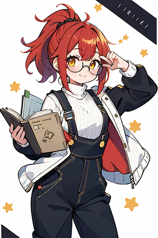 1 girl, librarian, (masterpiece, highest quality),(Detailed Hair), Super detailed, Anime Style, whole body, Little、cute、whole bodyきぐるみ, red hair ponytail、yellow eyes, Digital Painting, 8K High Resolution, whole body, White Background, Dynamic pose, Dynamic composition, (((black dungarees white turtleneck shirt and a loose jacket))), smile, pastel colour, stars, (horrible fashion sense), lazy and tired, ((glasses)), books