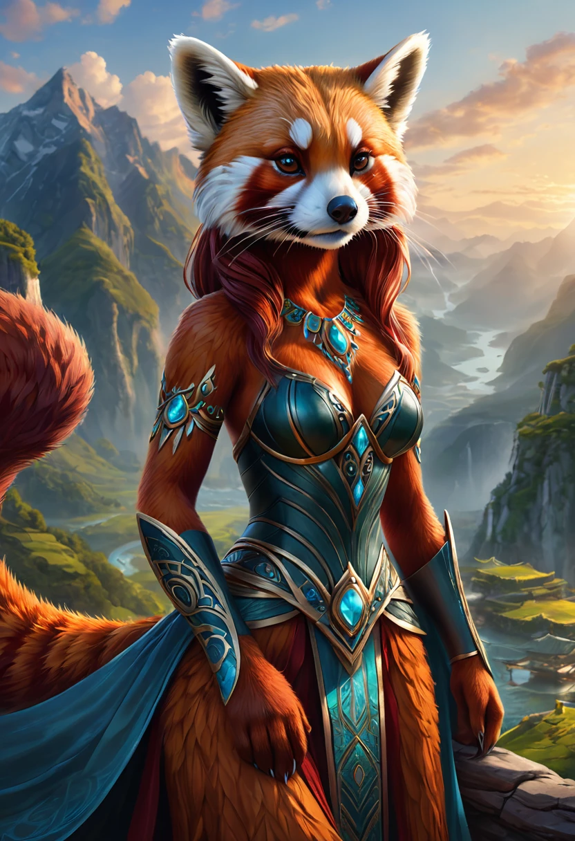 Anthropomorphic feminine red panda otter enchantress. Official Art – An Award-Winning Digital Masterpiece In 4K Ultra HD, Extreme Detail And Intricate Realism. Symmetrical Face. This Concept Art Brought To Life By The Hands Of Artists Like Wlop & Artgerm In A Stunning 2D Vector Illustration. Background Is A Panoramic Vista.