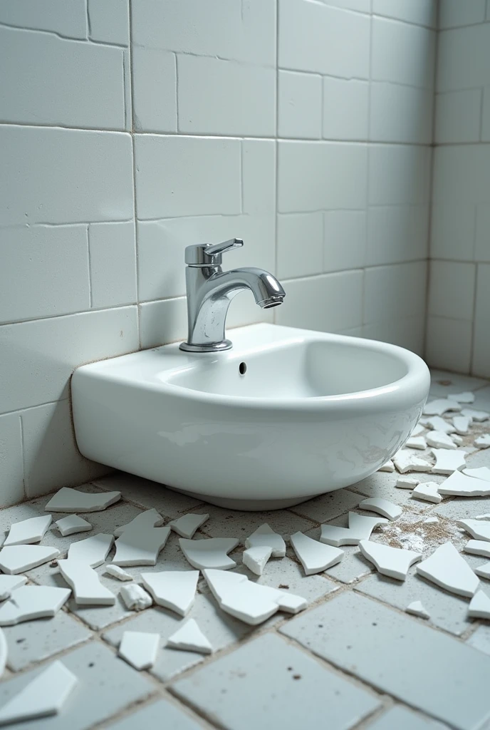 broken porcelain bathroom sink on the floor with realistic white ceramic, gray sink and as if it was taken by a cell phone with a 64MP intermediate camera