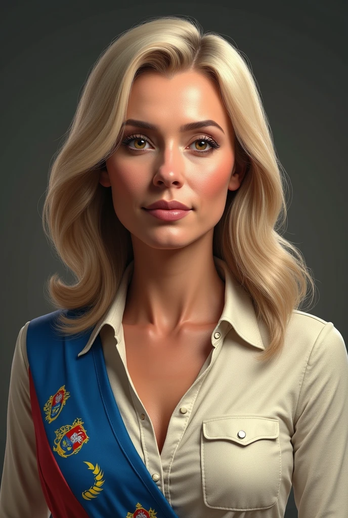 (photorealism:1.2), 65 year old woman, blonde, Long hair, Brown eyes, medium ears, Wide nose, fine lips, average body build, dressed as a mayor with a band that has the flag of the Cabimas municipality, Zulia state