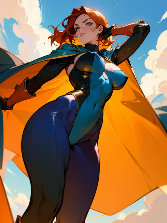 An anime-style illustration of a brave superheroine with striking ginger hair flowing in the wind, her athletic and sexy body on full display. She is wearing a cutout leotard that reveals her toned midsection and cleavage, paired with high boots that accentuate her powerful legs. A cape is dramatically waving behind her as she flies through the sky, viewed from below to emphasize her dominance and grace. She wears opera gloves that are stylishly off her arms, and the leotard has cutouts at the thighs, adding to her daring appearance. The background features a clear, sunny day with a bright blue sky, enhancing the heroic atmosphere of the scene.