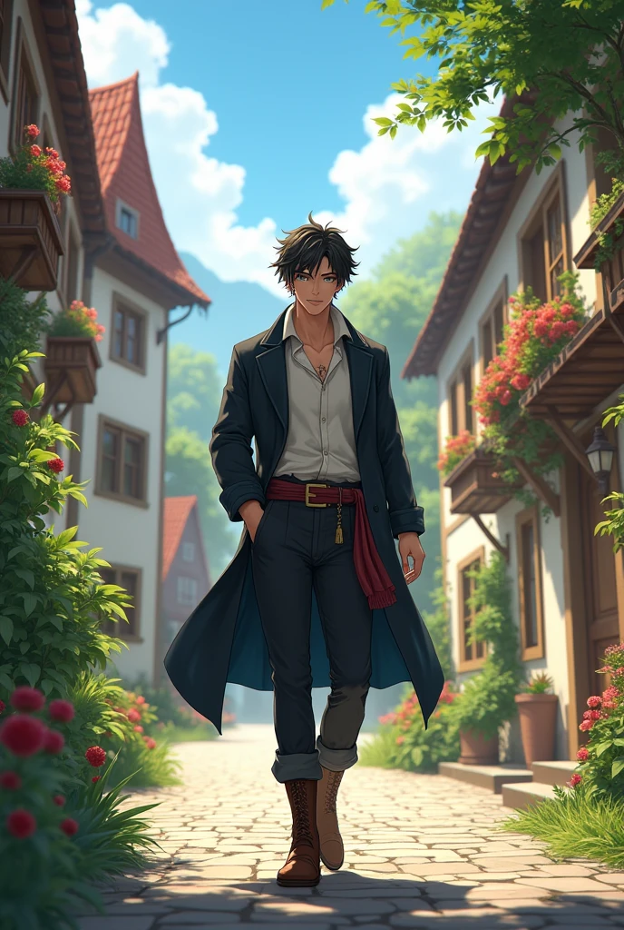 young man, , handsome face, black hair,Wearing Central European clothing, Walking in Central Europe, Anime drawing 2.5D