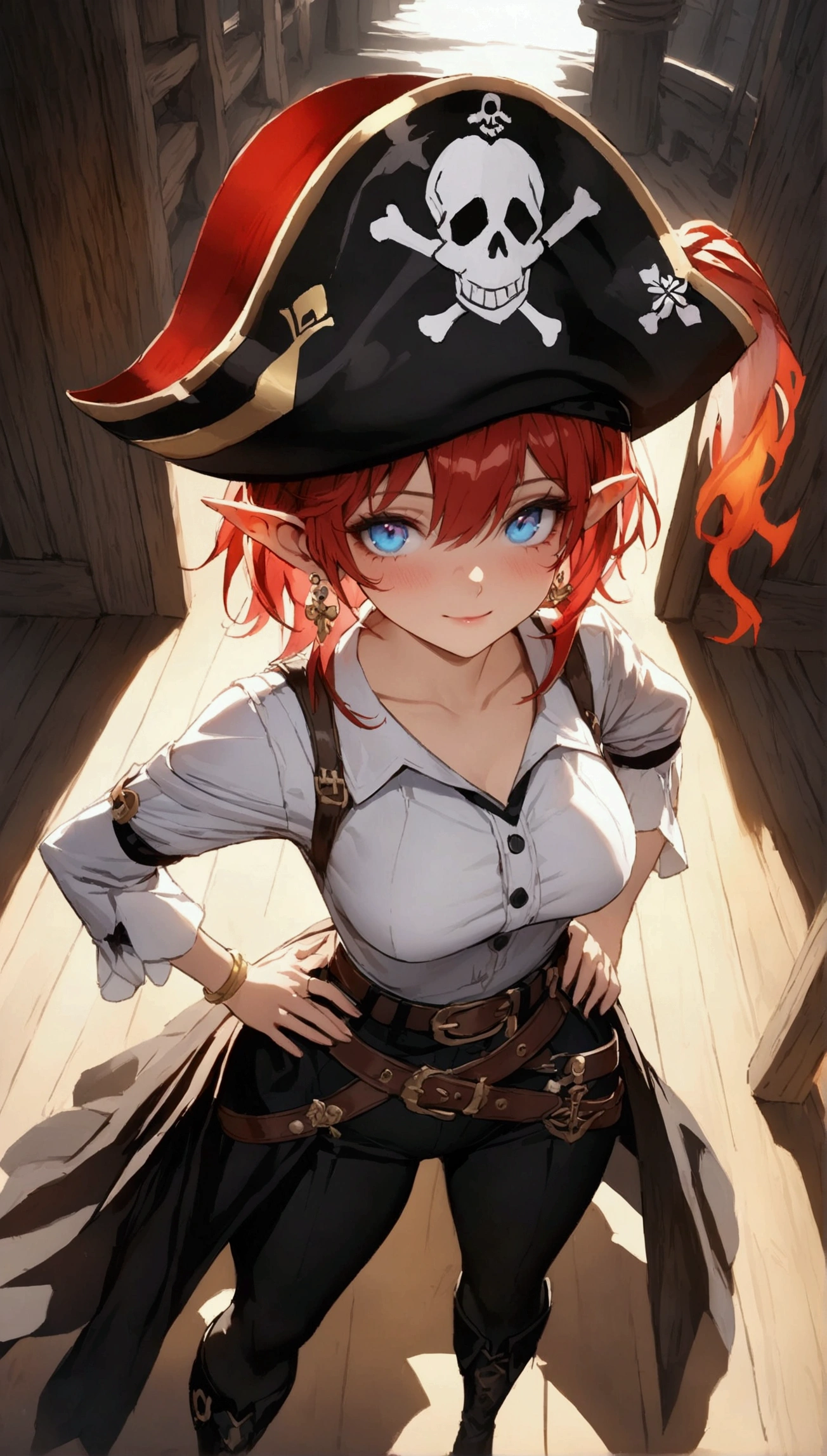 (Masterpiece. The best quality. 8K. Sharp focus. Depth of field, The best shadows. Perfect lighting. HDR. Realistic skin texture. Ultra-detailed background. Detailing). Anime style. Honkai: Star Rail. March 7. 1 girl. Fiery red hair, short hair. Azure blue eyes, beautiful eyes, beautiful eyes, expressive eyes. Beautiful nose, perfect facial features. Perfect anatomical body, slender figure, second size breasts, beautiful breasts, slender waist, rounded hips, beautiful long legs. Pirate hat, white blouse, pirate pants, Uniform cloak, shoulder straps with the Jolly Roger, knee-high boots, wide belt at the waist. Gold earrings in the ears, gold bracelets on the hands. A saber in the belt, a musket in the belt. Hands on hips. Feet shoulder-width apart. Standing on the deck. Standing at full height. Concept art. Looking at the viewer. Full body.