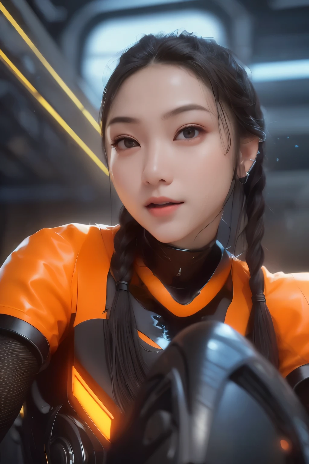 Top Quality, Masterpiece, Ultra High Resolution, (Photorealistic: 1.4), Raw Photo, 1 Girl, Black Hair, Glossy Skin, 1 Mechanical Girl, (((Ultra Realistic Details)), Portrait, Global Illumination, Shadows, Octane Rendering, 8K, Ultra Sharp, Intricate Ornaments Details, realistic skin, sweat effect, ((wearing Headphone)), very intricate detail, realistic light, CGSoation trend, brown eyes, glowing eyes, matte black and glossy orange mechanical bodysuit, Long hair, black hair, Ponytail hair, Half body shot, spaceship bridge background, dynamic pose, cute smile, close up, Open Mouth, facing audience