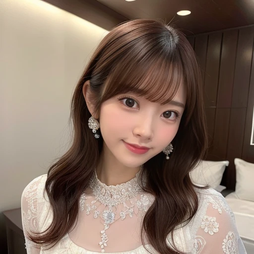 masterpiece, Best Quality,, Ultra-detailed, finely detail, hight resolution,1girl, blunt bangs, smile, blush, bed, breasts, white princess dress, sitting、nogizaka、Beautiful brown eyes:1.3、17-year-old, red head, absurdrez, sensual, elegante, charm, shiny skin, dinive, red enamel, jewelry, full body, ultra detali, high qualiy, work of art, face detailed, gorgeous eyes(detailedeyes), a face of perfect proportions