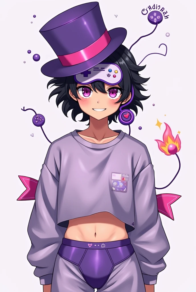 An anime character with black hair and brown skin. One of his eyes is pink and the other is purple. One of his eyes is covered by a sleeping mask with a video game print. On his head, in the right corner, there is a purple top hat with a pink ribbon on his face. On his boxers, there is a purple heart mark. On his left ear, there is a device that is shaped like a fire and is purple and pink. His clothes are a sweatshirt and pants, all with purple and pink color palettes.