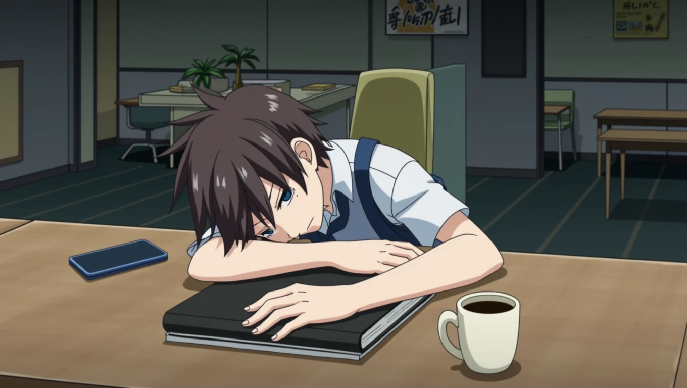 Anime image of a boy with a white shirt and a strap of blue overall, dark brown hair and a loose haircut sitting at a table with a cell phone, the image depicts a young man sitting at a desk with a notebook black, a phone, and a cup of coffee. The man is leaning on his elbow and has his head in his hands, appearing to be tired or frustrated. The background of the image features a plain, grey wall with furniture and posters.