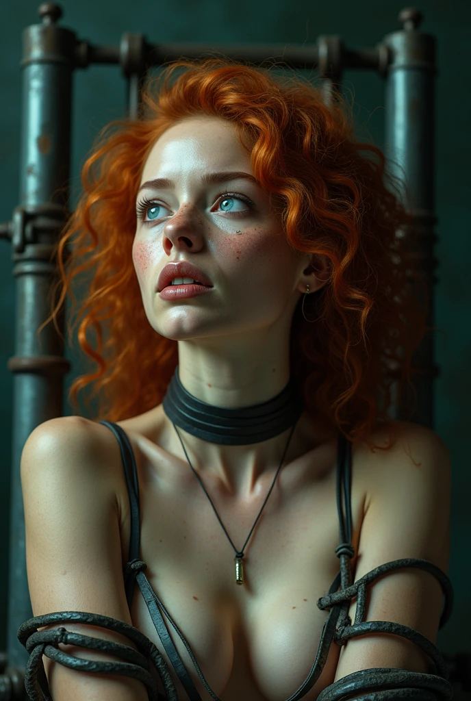 woman in electric chair, bound to electric chair, restrained, restraints on wrists, heavy bondage, electrodes on body, wires, woman being electrocuted, dying, convulsing, panicked, struggling, tense, muscles tense, execution, spanish woman, short ginger curly hair, blue eyes, coils, young, naked, septum piercing, dimples, freckles, thick belt around neck, naughty expression, close-up, UHD, retina, masterpiece, accurate, anatomically correct, textured skin, super detail, high details, high quality, award winning, best quality, highres
