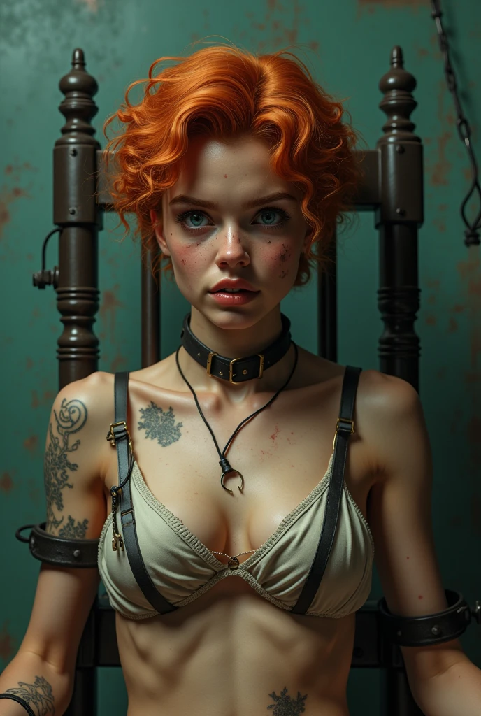 woman in electric chair, bound to electric chair, restrained, restraints on wrists, heavy bondage, electrodes on body, wires, woman being electrocuted, dying, convulsing, panicked, struggling, tense, muscles tense, execution, spanish woman, short ginger curly hair, blue eyes, coils, young, naked, septum piercing, dimples, freckles, thick belt around neck, naughty expression, close-up, UHD, retina, masterpiece, accurate, anatomically correct, textured skin, super detail, high details, high quality, award winning, best quality, highres
