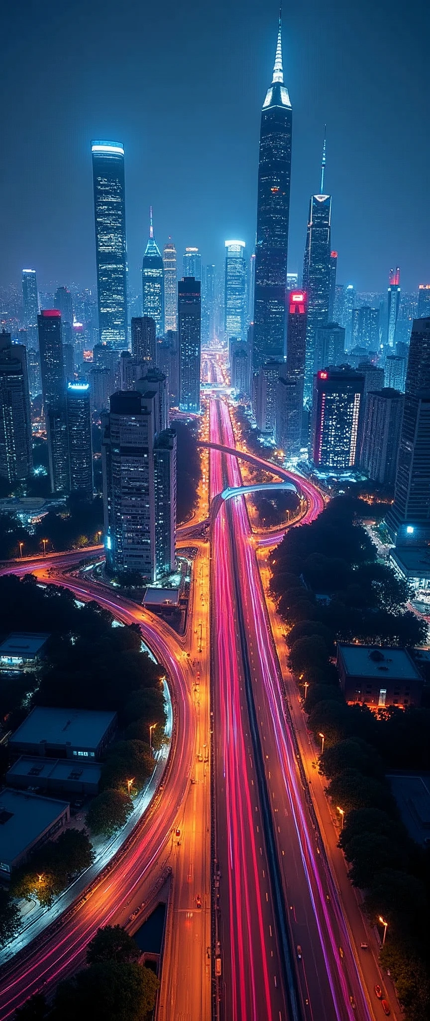 Light trail photography,Future City,capital,Skyscrapers,Intersection of highway,beautiful光の残像,Neon color,night,Shooting from the air by plane,beautiful光の残像,(masterpiece:1.2,Highest quality,Ultra-high resolution,Super detailed,8k,Realistic,Best aesthetics),beautiful,(dynamic)