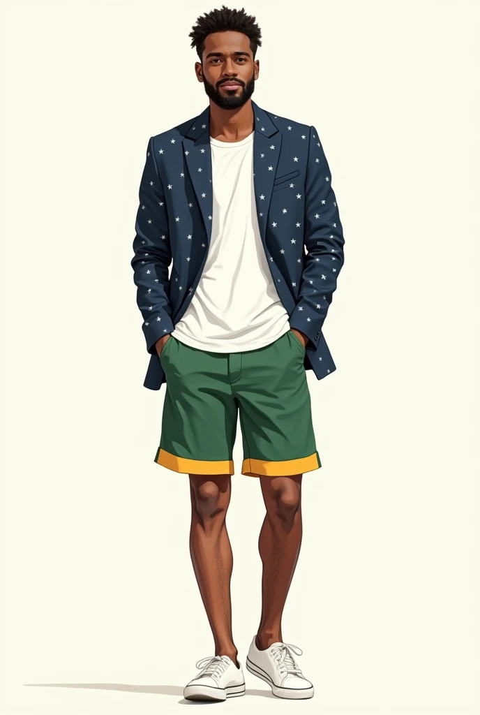 male sketch with black skin. white t-shirt with blue detail on the shoulders and sleeves. elegant matcha green tailored shorts with yellow hem. white flip flops on my feet