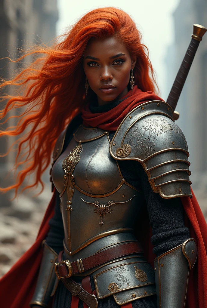 A medieval woman in armor, with the color of your black skin with violet eyes and intense red hair 