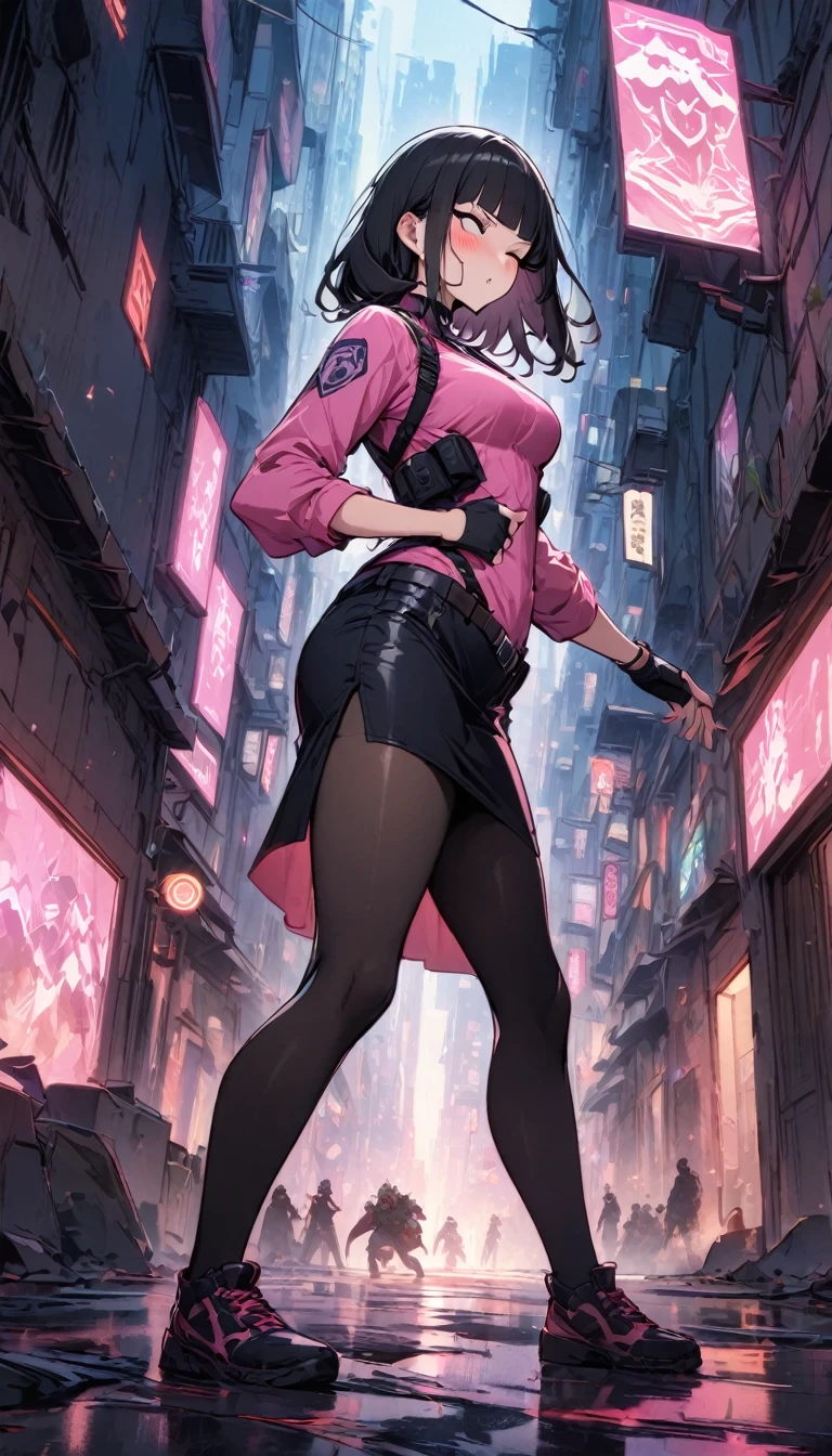 {{hold down one's stomach with one's hands:1.6}},Dynamic composition,dutch angle,from below,from side,solo,170cm tall female, theatrical animation style, Power Rangers preformation heroine,{{Futuristic police shirts}},
Long-sleeved shirt with rolled-up arms{{Pink-based shirt:1.6}},pink shirt,BLACK　PENCIL SKIRT, BLACK SKIRT,Black pantyhose,{{small face:1.8}},{{Grit your teeth:1.4}},{{fighting stance:1.6}}{{fight:1.6}},{{standing on one knee:1.6}},{{knee up:1.6}},{{masterpiece}}, {{{Highest quality}}},{{Very detailed}},{{Pain ,Suffering}},one eye closed,{{critical situation:1.6}},{}},1girl,30years old,{Mature Woman}},{{}},{{Grit your teeth:1.4}},,{{v-shaped eyebrows}},Bad mood,blush,Sweat,raise one's eyebrows、black fingerless gloves,Bad mood,profound,Beautiful thighs,clavicle、chest holster,BLACK　Long Hair,Blunt bangs,Alley,Black Choker,belt