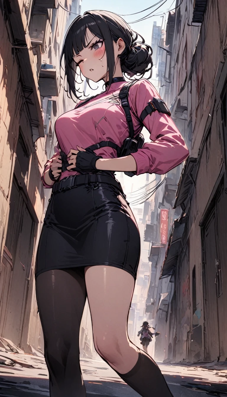 {{hold down one's stomach with one's hands:1.6}},Dynamic composition,dutch angle,from below,from side,solo,170cm tall female, theatrical animation style, Power Rangers preformation heroine,{{Futuristic police shirts}},
Long-sleeved shirt with rolled-up arms{{Pink-based shirt:1.6}},pink shirt,BLACK PENCIL SKIRT, BLACK SKIRT,Black pantyhose,{{small face:1.8}},{{Grit your teeth:1.4}},{{fighting stance:1.6}}{{fight:1.6}},{{standing on one knee:1.6}},{{knee up:1.6}},{{masterpiece}}, {{{Highest quality}}},{{Very detailed}},{{Pain ,Suffering}},one eye closed,{{critical situation:1.6}},{}},1girl,30years old,{Mature Woman}},{{}},{{Grit your teeth:1.4}},,{{v-shaped eyebrows}},Bad mood,blush,Sweat,raise one's eyebrows、black fingerless gloves,Bad mood,profound,Beautiful thighs,clavicle、chest holster,BLACK Long Hair,Blunt bangs,Alley,Black Choker,belt