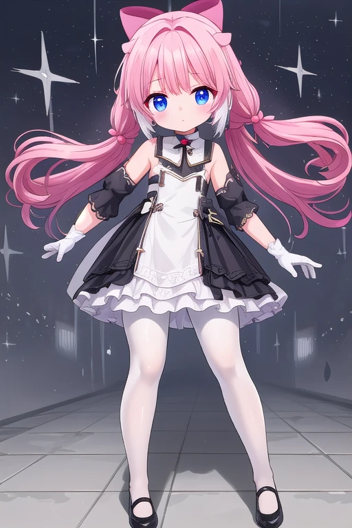 high quality，Solitary，cute，（***********），Bow，Pink Hair，dress，Gloves，(White pantyhose:1.5)，（No shoes），（Thick white tights:1.5），（No shoes1.5） 