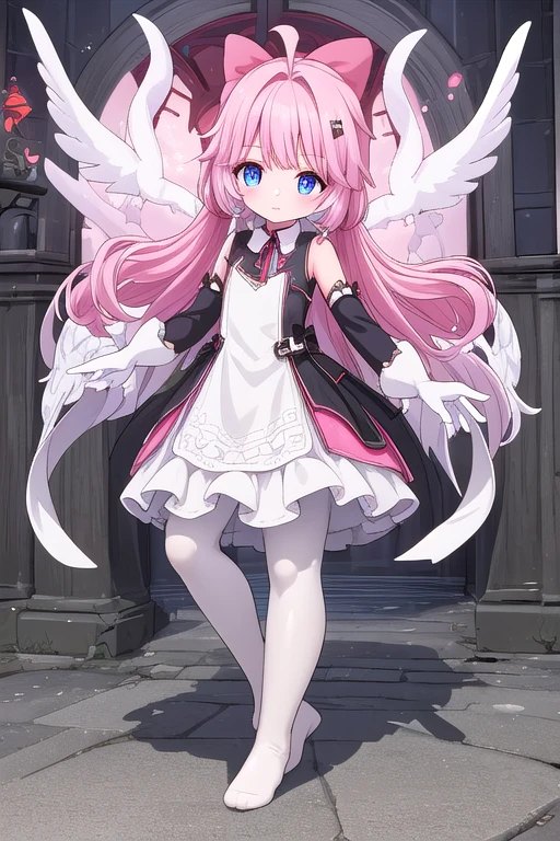 high quality，Solitary，cute，（***********），Bow，Pink Hair，dress，Gloves，(White pantyhose:1.5)，（No shoes），（Thick white tights:1.5），（No shoes1.5） 