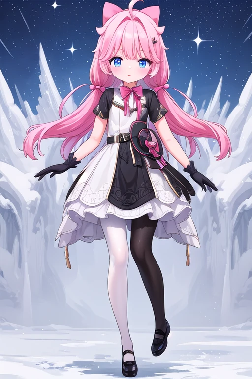 high quality，Solitary，cute，（），Bow，Pink Hair，dress，Gloves，(White pantyhose:1.5)，（No shoes），（Thick white tights:1.5），（No shoes1.5） 