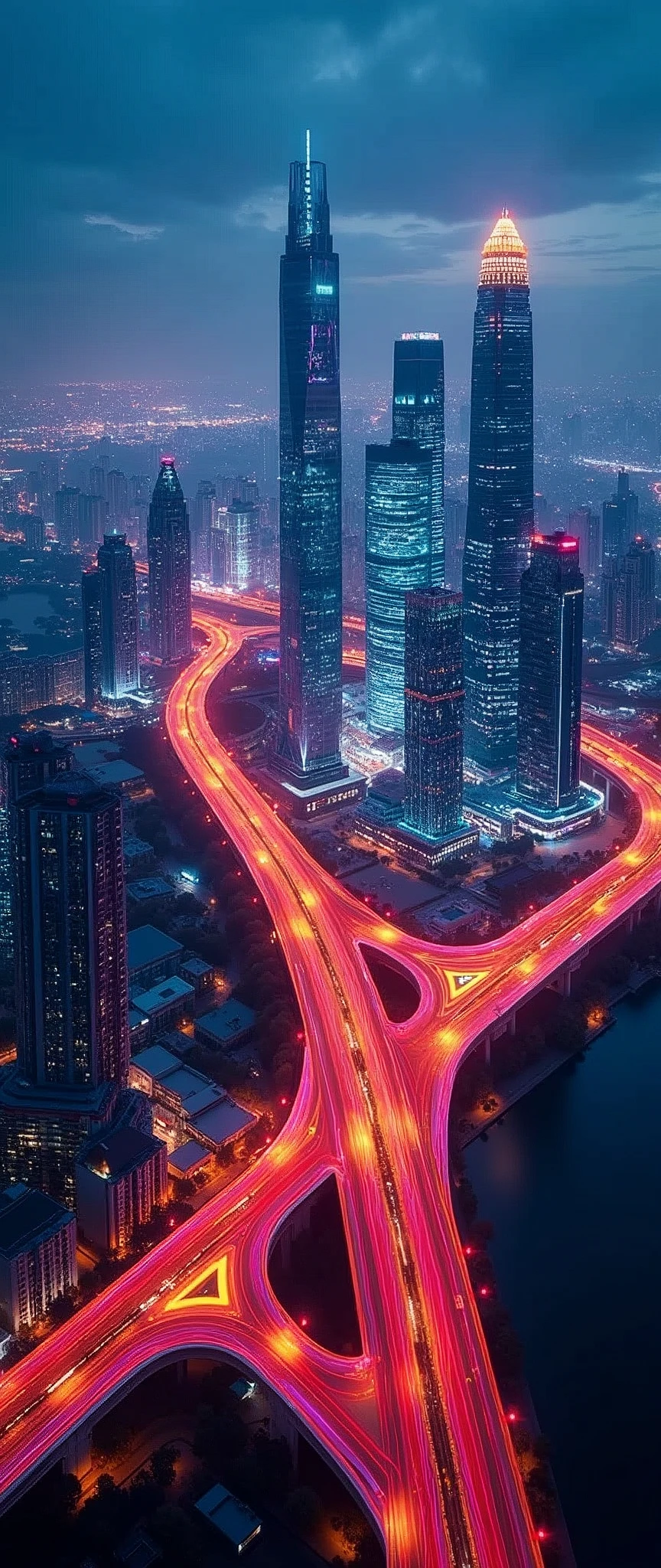 Light trail photography,Future City,capital,Skyscrapers,Intersection of highway,beautiful光の残像,Neon color,night,Shooting from the air by plane,beautiful光の残像,(masterpiece:1.2,Highest quality,Ultra-high resolution,Super detailed,8k,Realistic,Best aesthetics),beautiful,(dynamic)