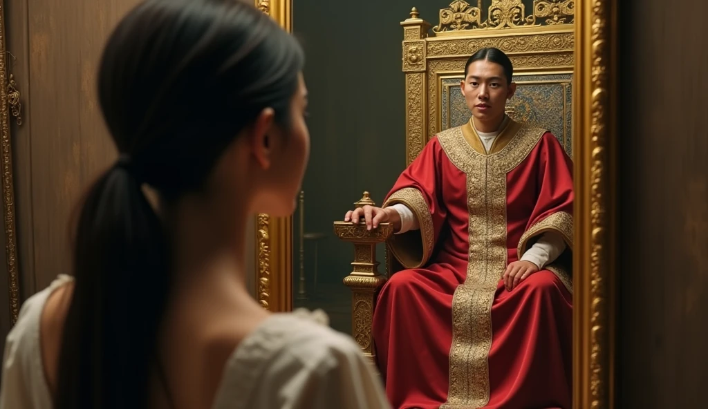 30 year old woman looking in the mirror and seeing in the reflection the image of a man sitting on a golden throne, referring to the figure of an emperor, convey a lot of depth