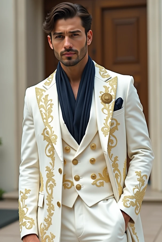 A man in stylish all-white clothing,with lots of golden details,with a small dark blue scarf around his neck 