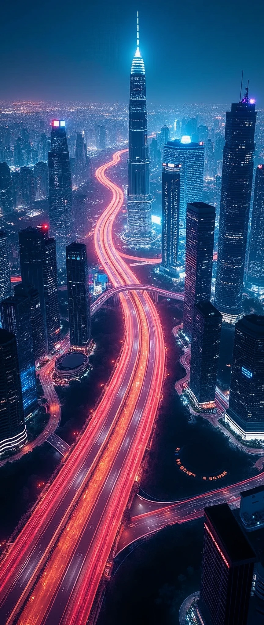 Light trail photography,Future City,capital,Skyscrapers,Intersection of highway,beautiful光の残像,Neon color,night,Shooting from the air by plane,beautiful光の残像,(masterpiece:1.2,Highest quality,Ultra-high resolution,Super detailed,8k,Realistic,Best aesthetics),beautiful,(dynamic)