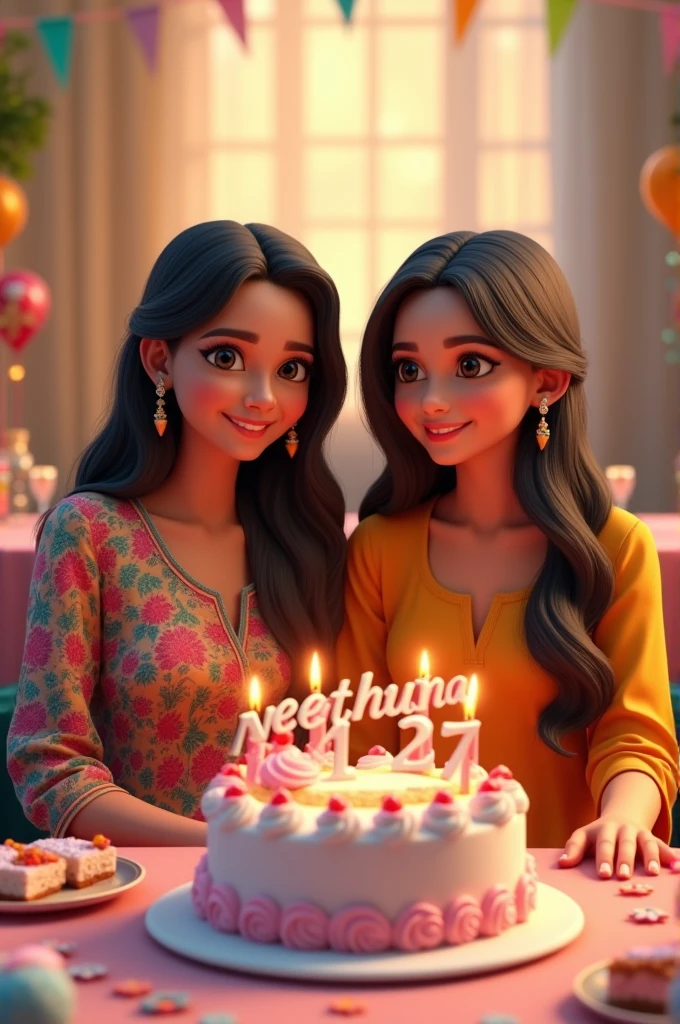 3d illustration of women sitting casually in front of a cake. The character must wear casual modern clothing such as printed kurtha and ladies shoes. The background of the image is a party theme. Write 'Neethusha' on the birthday cake. Make sure the text is not misspelled.her age is 27