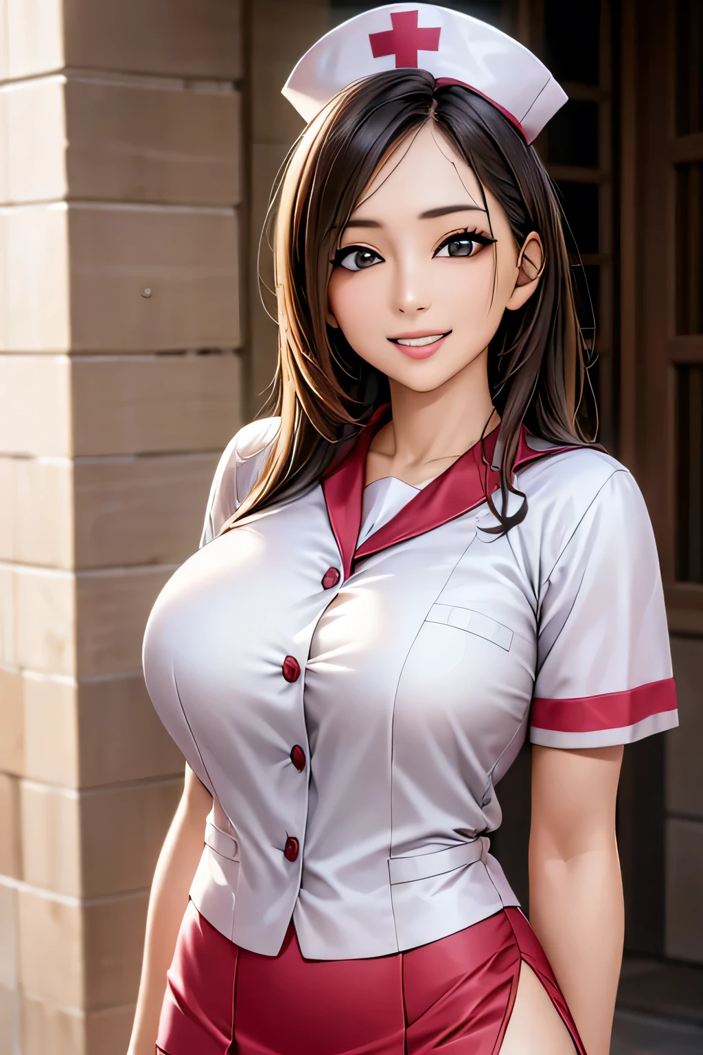 1 female, 40 years old, (Nurse cap, nurse uniform and mini skirt), masterpiece, grin, (very tanned and shiny skin), Big Breasts, photoRealistic, Realistic, alone, photoRealistic, Highest quality, Ultra-high resolution, Yura S, Outdoor, colorful,  Daytime setting, beautiful, masterpiece, Highest quality, Very detailedな顔, Perfect lighting, Ultra-high resolution, Very detailed, (background: Inside the hospital)