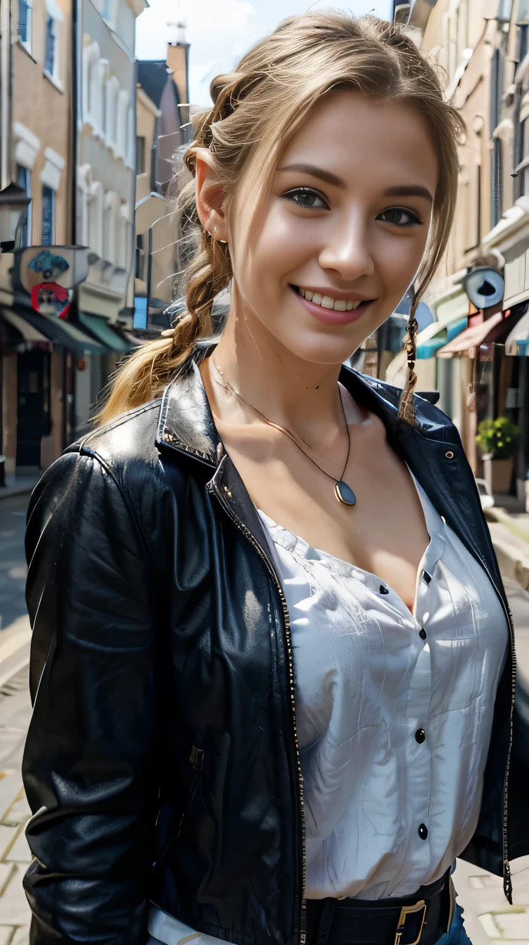 solve, 8k wallpaper, Beautiful Caucasian Woman、leather jacket、shirt、、Necklace around the neck、 blonde 、blue eyes、Hairstyle braid、、ear piercing、smile、Beautiful teeth alignment、The background is a town street
