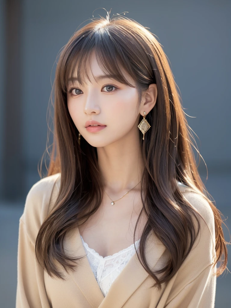 ((Highest quality, 8k, masterpiece:1.3)), concentrate: 1.2, Perfect body beauty: 1.4, Hips: 1.2, ((Long Hair, chest: 1.2)), (Dry clothes: 1.1) , (clear, Simple Background:1.3), Simple clothes: 1.1, Highly detailed face and skin texture,Delicate eyes, double eyelid, Whitened skin, Rough skin、Long Hair、bangs、Simple earrings、necklace、 solo、Beige coat、White shirt, (((Beautiful girl with cute Japan)))、 ((Beautiful Japanese girl 20 years old))、 ((Baby Face))、 (((Slender body)))、 Upper Body,Face focus、necklace,Simple Background,From above, Realistic Hair、 A photograph was taken:Canon EOS R6、135mm、1/1250 seconds、f2.8、ISO400、(Detailed explanation of the hand)、(Masseter muscle area)、(Exquisite CG)、Long Hair, loose and curly hair、Korean Hair、Long Hair明るいベージュ色、グラデーションハイライトグレージュのゆるふわLong Hairスタイル、