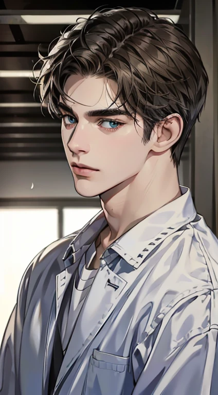 (best quality,4k,8k,highres,masterpiece:1.2),ultra-detailed,(realistic,photorealistic,photo-realistic:1.37),1 man,31 years old,mature man,very handsome,without expression,smile,short grey brown hair,blue eyes,penetrating gaze,perfect face without errors,imposing posture,businessman,office background,cinematic lighting,hdr image