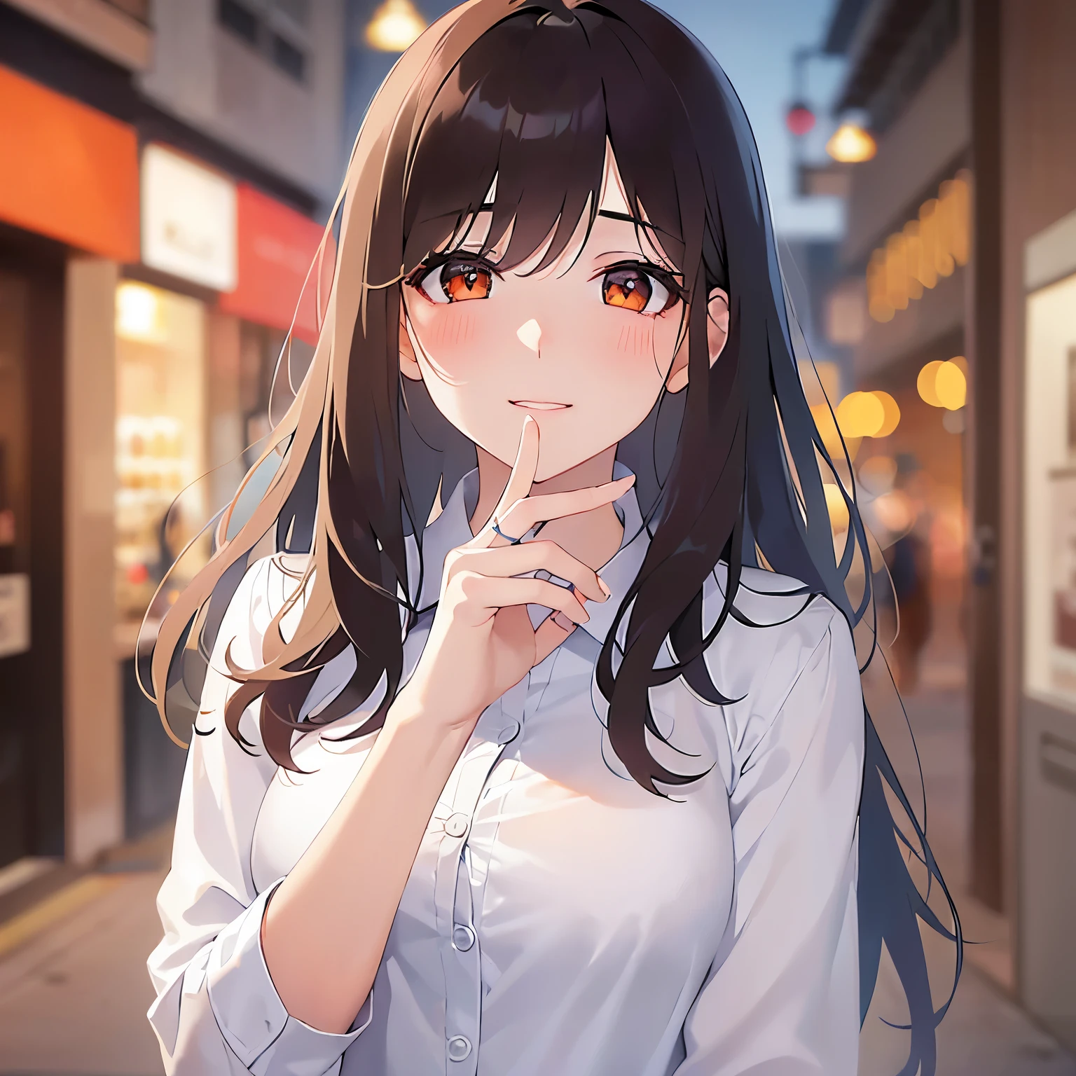 looking up, hand on own chin、Close-up of your face、side angle, (pale skin: 1.2), shiny skin, shiny hair、(A 25-year-old woman with medium-length hair and bangs) and (wavy hair) and (brown hair) and (orange eyes) and (half closed eyes), white collared shirt, smile, (blush:1.3), The background is a shopping street at night、Alone、Are standing