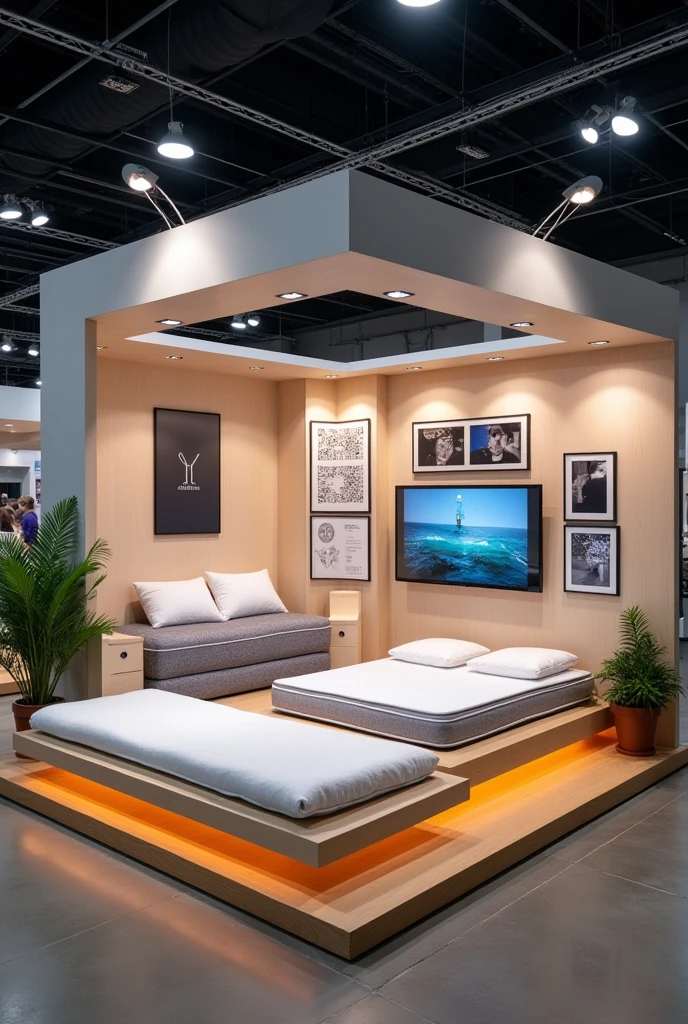 Can you create an image for me focused on the visual elements of the stand?, like mattresses, QR codes, and the decorations that attract visitors. 