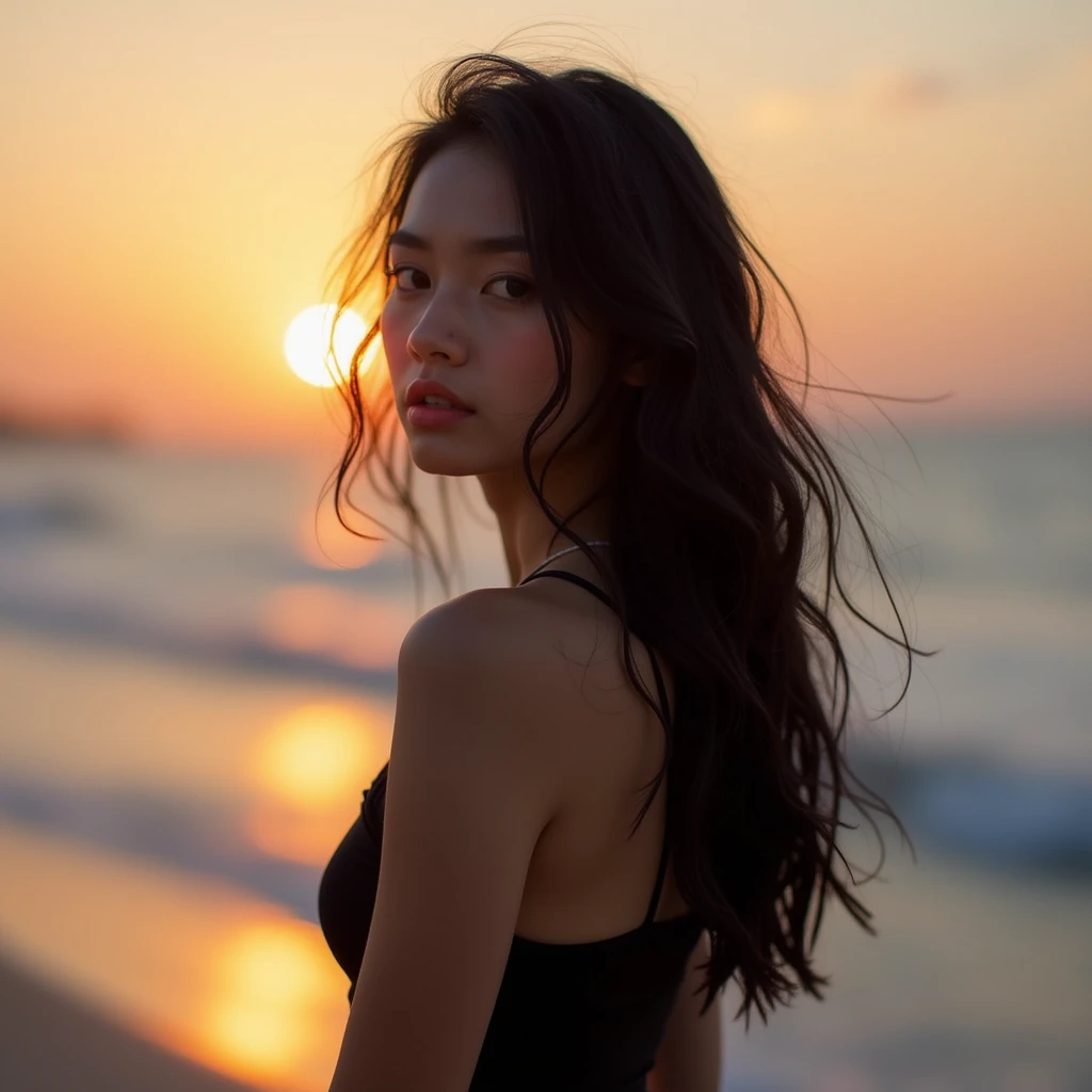 Female Model、Seaside at sunset、Black Hair、Tall and cool