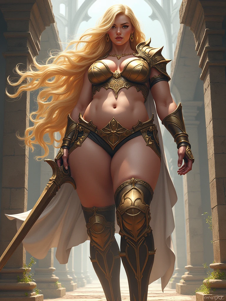 attire, Very long blonde hair fit Woman wearing amazin armor, Womanly, impossibly small tiny waist abs waistline, circumference of lower extremities far exceeds 80 inches hips, huge breasts, she has massively immense hip measurements, with the largest fit buttocks, location: Dragon's Crown first kevel, intense detail, bold leggings, semi realistic anime style, A bottom-heavy, superior body part, voluptuous lower fit body, feminine figure, portraits, Reductionist form, mujercore, bold lines, an Inferior Physical Goddess