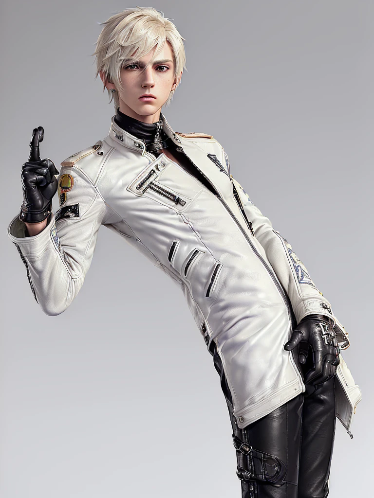 ((Final fantasy taste and reality graphics)), ((Japanese young cute and cool ikemen boy)),((1 boy)), his age is early 20s, thin eyebrows and beady eyes, ((((boy wearing off white color leather thick single-brest jacket, with epaulet)))), ((((jacket is long sleeve)))), ((((leather jacket close all zippers)))),,(((jacket collar is high length and stand-up with two belts))), (((also wearing black thick turtleneck polyester shirts))), (((((put on tight and black color leather long length pants))))), (((((put black leather tight and thin glove on both hands))))),((((((glove is covered full fingers)))))), ((put black leather knee-high raceup boots)),(((whole body))), ,((((Do not show skin from the neck down)))),