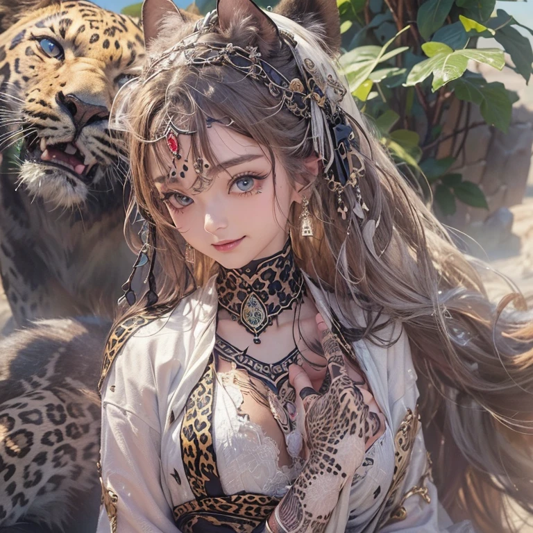 Hiding in the desert、Hair Flow、 ((Highest quality、masterpiece、8k、Best image quality、Ultra-high resolution、Award-winning works)、(Accurate anatomy:1.1)、(Look at me and smile:1.1)、Shining fair skin with Ultra-high resolution、The most detailed face、Ultra-high resolution detailed face、Ultra-high resolution hair、(Ultra-high resolutionのeyes :1.1)、Beautiful face drawn in every detail、(Blurred Background:1.1)、Ancient Islamic clothing, Chest to chest, tattoo, Old ruins in the background、Black leopard 