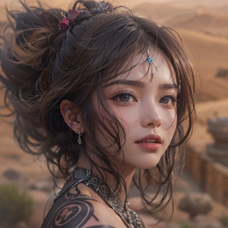 Hiding in the desert、Hair Flow、 ((Highest quality、masterpiece、8k、Best image quality、Ultra-high resolution、Award-winning works)、(Accurate anatomy:1.1)、(Look at me and smile:1.1)、Shining fair skin with Ultra-high resolution、The most detailed face、Ultra-high resolution detailed face、Ultra-high resolution hair、(Ultra-high resolutionのeyes :1.1)、Beautiful face drawn in every detail、(Blurred Background:1.1)、Ancient Islamic clothing, Chest to chest, tattoo, Old ruins in the background、Black leopard 
