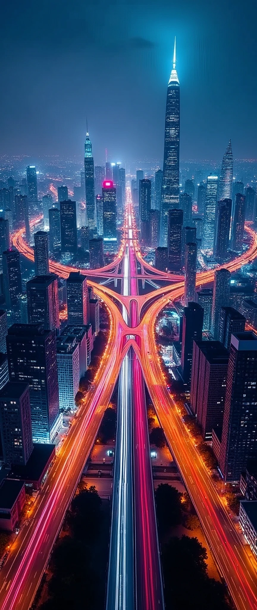 Light trail photography,Future City,capital,Skyscrapers,Intersection of highway:2.0,beautiful光の残像,Neon color,night,Shooting from the air by plane,beautiful光の残像,(masterpiece:1.2,Highest quality,Ultra-high resolution,Super detailed,8k,Realistic,Best aesthetics),beautiful,(dynamic)