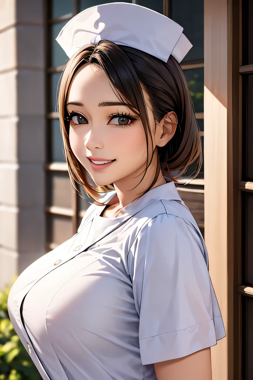 1 female, 40 years old, (Nurse cap and uniform), masterpiece, Big Breasts, grin, (very tanned and shiny skin), (Skin dents), photoRealistic, Realistic, alone, photoRealistic, Highest quality, Ultra-high resolution, Yura S, Outdoor, colorful,  Daytime setting, beautiful, masterpiece, Highest quality, Very detailedな顔, Perfect lighting, Ultra-high resolution, Very detailed, background: hospital