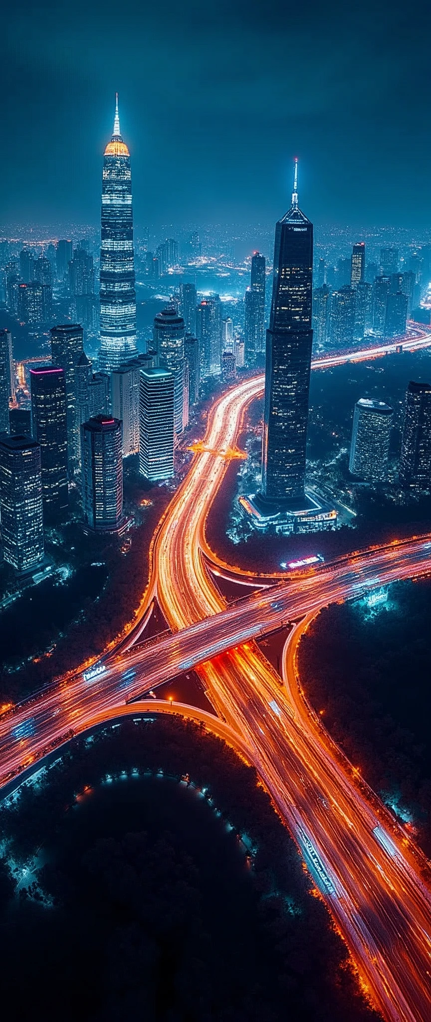 Light trail photography,Future City,capital,Skyscrapers,Intersection of highway:2.0,beautiful光の残像,Neon color,night,Shooting from the air by plane,beautiful光の残像,(masterpiece:1.2,Highest quality,Ultra-high resolution,Super detailed,8k,Realistic,Best aesthetics),beautiful,(dynamic)