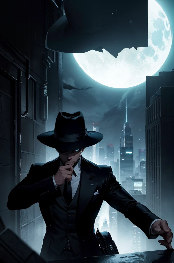 The comic book cover features Black Hat, an enigmatic and shadowy vigilante. In an urban setting at night, with the city below lit by a pale, distorted glow, Black Hat is featured at the top of the cover, on top of a roof.
Black Hat is depicted as a figure shrouded in shadows, with an almost ethereal appearance. Your silhouette is indistinct, blending into the dark background of the night. He wears a wide-brimmed black hat, that casts a deep shadow over your face, hiding your features. The brim of the hat is wide enough to create a dramatic effect, creating a shadow that partially covers your shoulders and the environment around you.
Position and Action: Black Hat is in a dynamic pose, with one hand extended downwards, as if about to launch something invisible into the city below. His other hand holds a mysterious object, maybe a weapon or a device, partially hidden by the shadow of the hat.
Scenario: The roof is surrounded by an illuminated city, with skyscrapers and neon lights in the background. No fundo, dark clouds and a partially visible moon create an atmosphere of mystery and tension. The night sky is tinted a deep blue, quase negro, adding a tone of suspense.
Additional Detail: Em torno de Black Hat, small details suggest its link to mystery and crime. Silhouettes of fleeing criminals and partially collapsed building facades are visible in the distance.. In the bottom right corner, there is a drop shadow that forms a black hat symbol, reinforcing your identity.
Title and Text: The title "Black Hat: The Shadow of Mystery" is in big, bold letters at the top of the cover, with a silver glow effect that highlights the character's name against the dark background. Below the title, em uma fonte menor, an intriguing tagline reads: "Where darkness hides the deepest secrets."