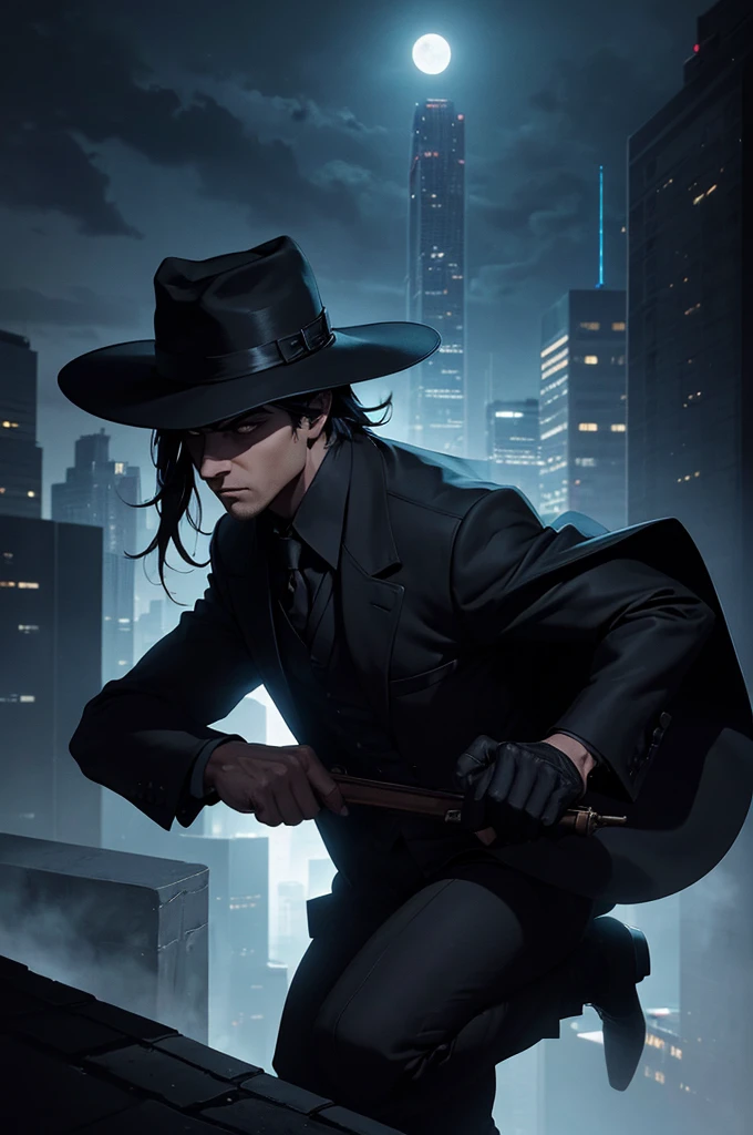 The comic book cover features Black Hat, an enigmatic and shadowy vigilante. In an urban setting at night, with the city below lit by a pale, distorted glow, Black Hat is featured at the top of the cover, on top of a roof.

Black Hat is depicted as a figure shrouded in shadows, with an almost ethereal appearance. Your silhouette is indistinct, blending into the dark background of the night. He wears a wide-brimmed black hat, that casts a deep shadow over your face, hiding your features. The brim of the hat is wide enough to create a dramatic effect, creating a shadow that partially covers your shoulders and the environment around you.

Position and Action: Black Hat is in a dynamic pose, with one hand extended downwards, as if about to launch something invisible into the city below. His other hand holds a mysterious object, maybe a weapon or a device, partially hidden by the shadow of the hat.

Scenario: The roof is surrounded by an illuminated city, with skyscrapers and neon lights in the background. No fundo, dark clouds and a partially visible moon create an atmosphere of mystery and tension. The night sky is tinted a deep blue, quase ?????, adding a tone of suspense.

Additional Detail: Em torno de Black Hat, small details suggest its link to mystery and crime. Silhouettes of fleeing criminals and partially collapsed building facades are visible in the distance.. In the bottom right corner, there is a drop shadow that forms a black hat symbol, reinforcing your identity.

Title and Text: The title "Black Hat: The Shadow of Mystery" is in big, bold letters at the top of the cover, with a silver glow effect that highlights the character's name against the dark background. Below the title, em uma fonte menor, an intriguing tagline reads: "Where darkness hides the deepest secrets."
