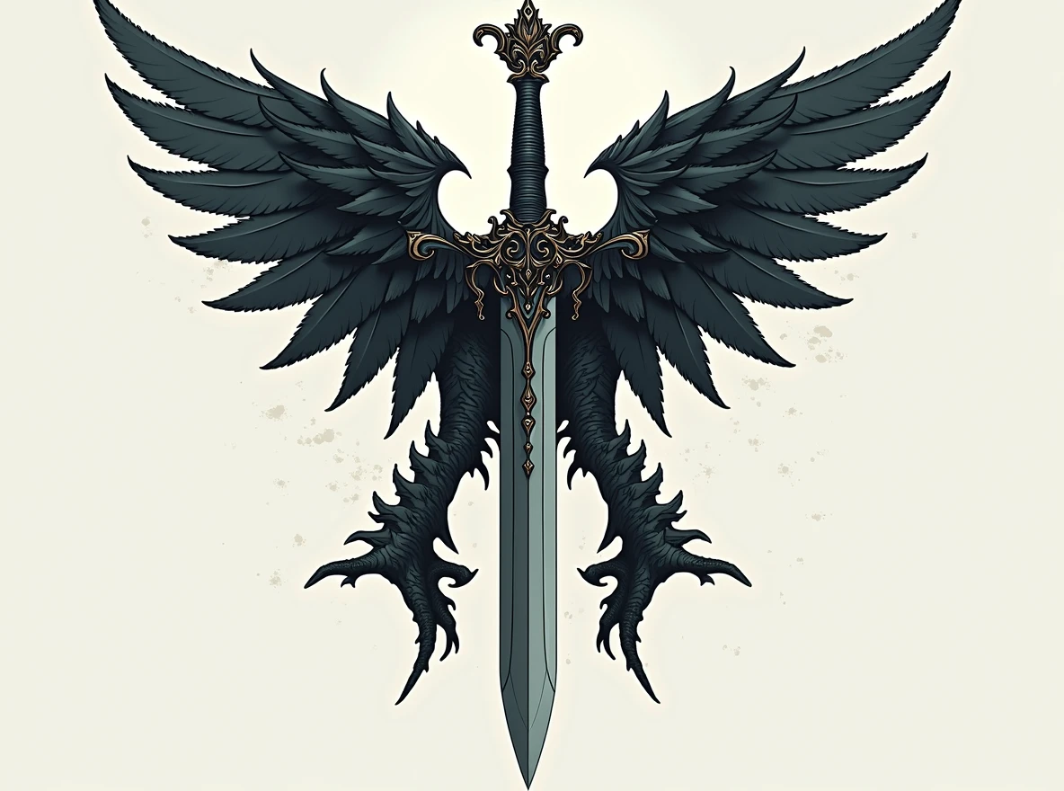 Replace the sword with a thin-bladed dagger, ensuring the dagger has an ornate handle and fits seamlessly into the design. The blade should be slender and elegant, maintaining the 'A' shape and wings exactly as they are. The dagger should align with the dark fantasy aesthetic, featuring sharp details and intricate craftsmanship.