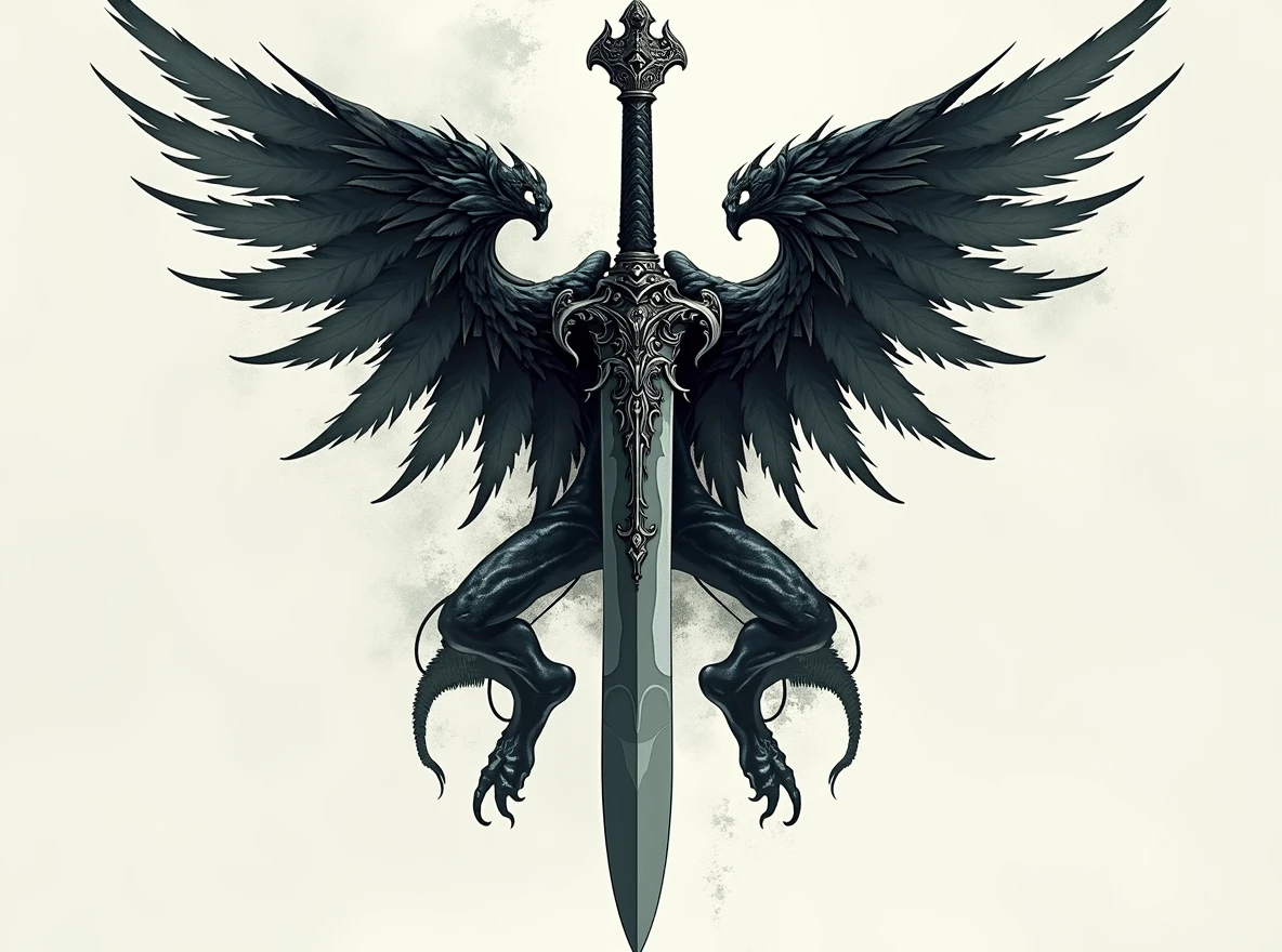 Replace the sword with a thin-bladed dagger, ensuring the dagger has an ornate handle and fits seamlessly into the design. The blade should be slender and elegant, maintaining the 'A' shape and wings exactly as they are. The dagger should align with the dark fantasy aesthetic, featuring sharp details and intricate craftsmanship.