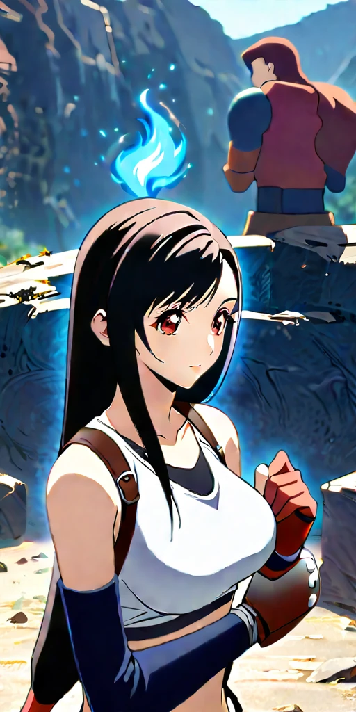 (((((tifa lockhart,Final Fantasy 7:1.5))))),((Highest quality、masterpiece、anime style、best quality、high resolution、8k、detailed、ultra-detailed:1.3))、Long legs:1.2, Beautiful woman with perfect figure:1.4、(Smiling:1.2), double eyelid、30-year-old female、((((One Woman,beautiful face,Beautiful face、Outdoor,upper body:1.5)))),Big Breasts、High resolution, accurate, Anatomically correct, High-resolution model, high quality, Very detailed, Ultra high definition、Black Hair、Straight Hair、Long Hair,Red open finger gloves,(Uplifting、action、contrapposto pose、dynamic、dynamicポーズ、dynamic motion:1.5)、(((((speed lines、action lines,movement,dynamism:1.0)))))、(blue effect),effect